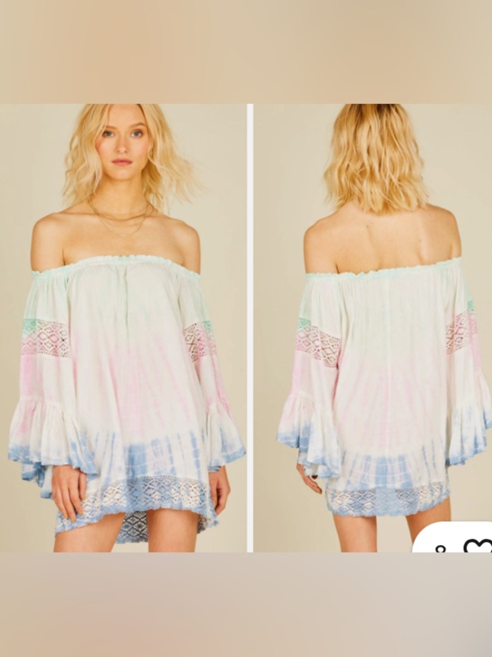 Surf Gypsy Tie-Dye Off-Shoulder Bell Sleeve Cover-Up/Micro Mini Dress Size S